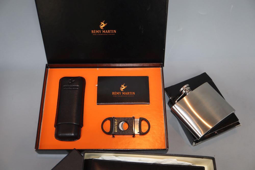 A Dunhill filofax, a Remy Martin cigar set and hip flask